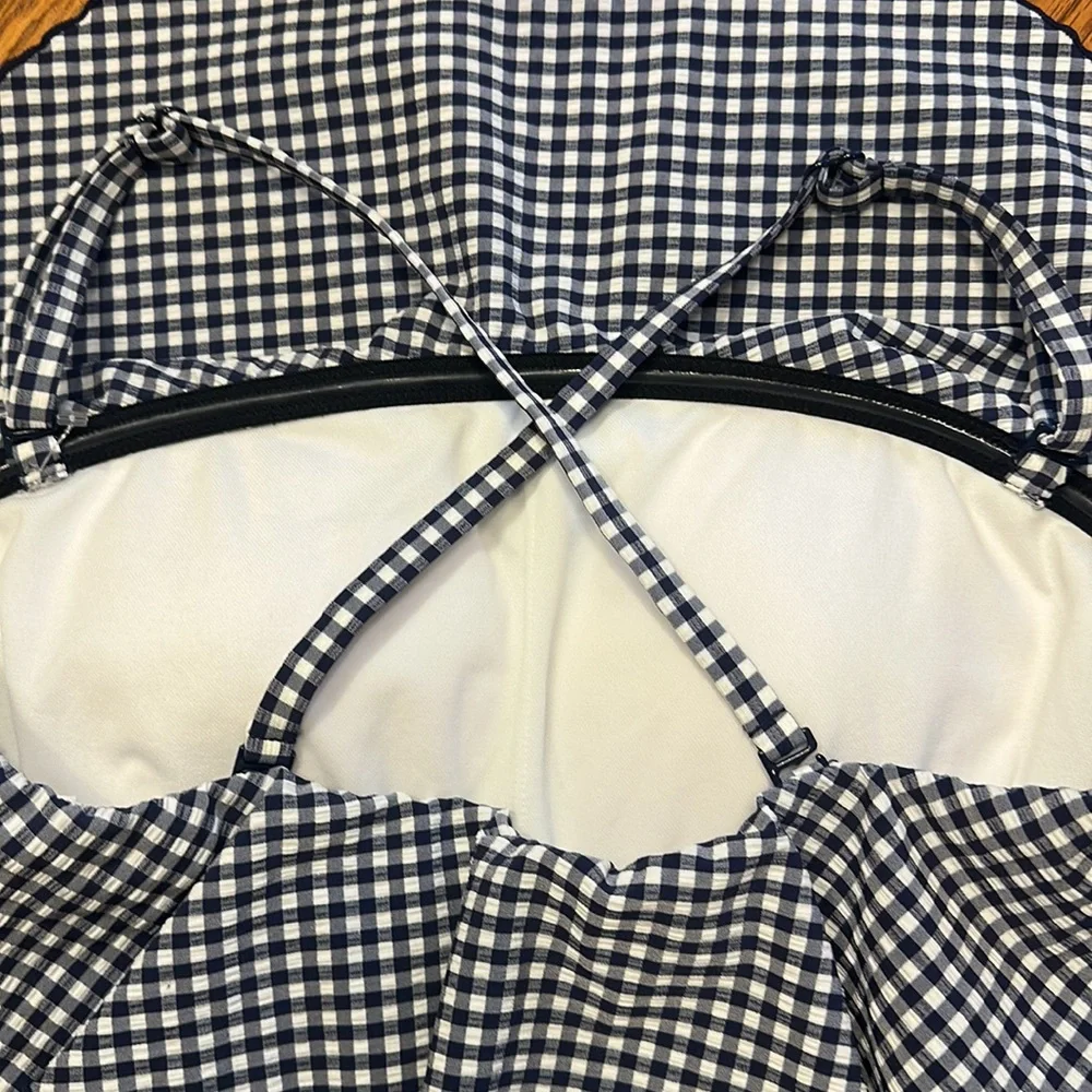 Kona Sol Blue Gingham swimsuit with bandeau flounce top accent Fully lined - Picture 9 of 12